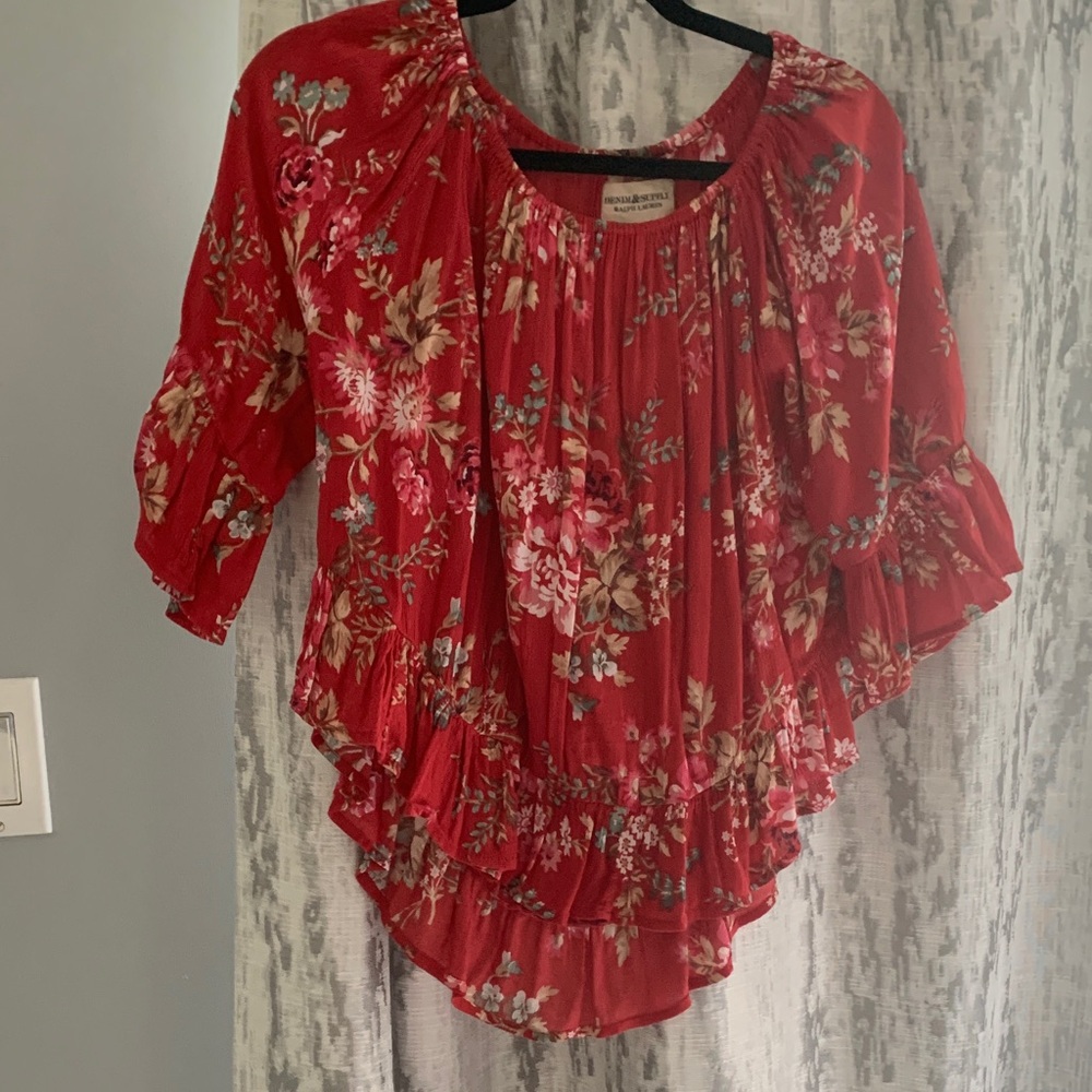 Denim & Supply Ralph Lauren Red Floral Ruffle Peasant Blouse